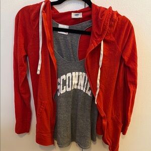 Red Zip-Up Hoodie with Gray Sconnie Tank Top